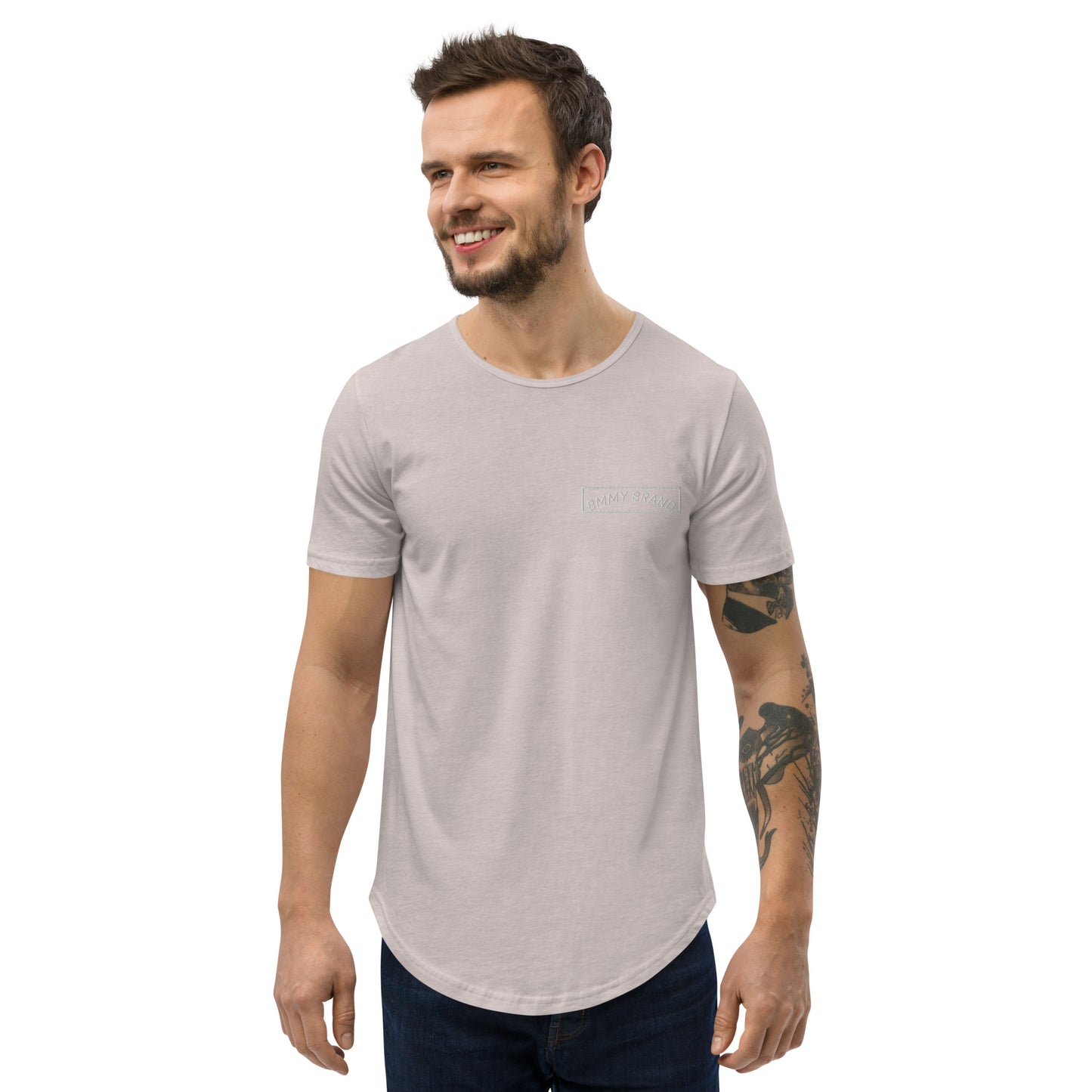 Men's T-Shirt Curved Hem Heather Gray BMMY Logo Backside