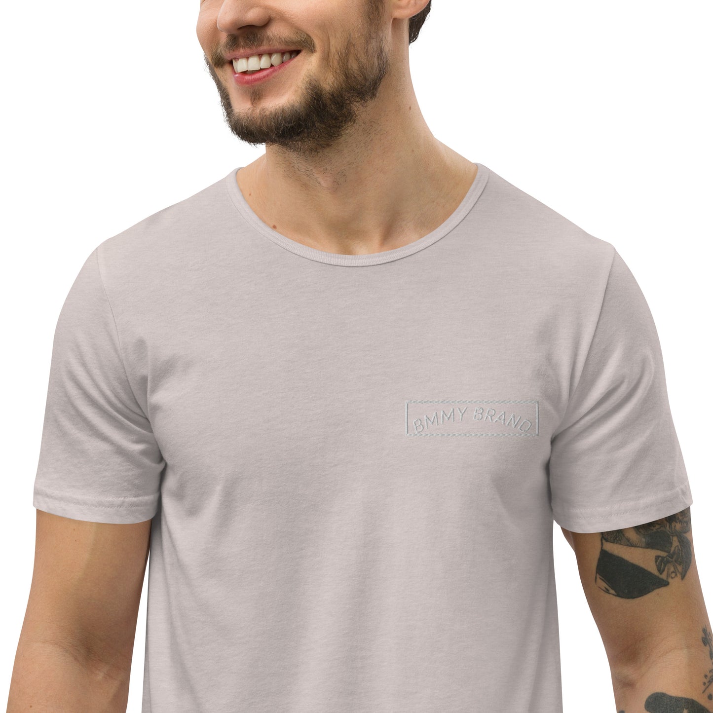 Men's T-Shirt Curved Hem Heather Gray BMMY Logo Backside