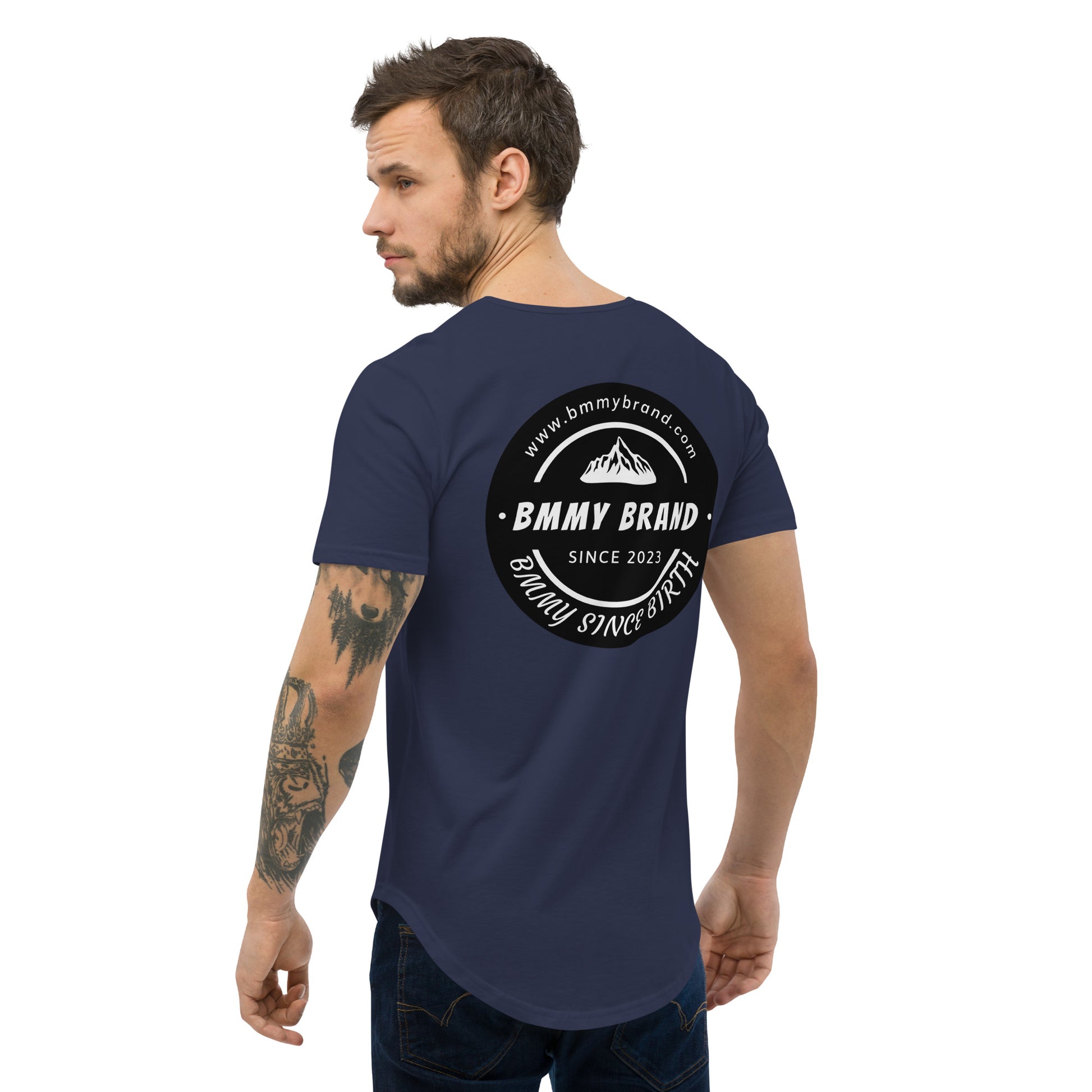 Men's T-Shirt Curved Hem Navy BMMY Logo Backside