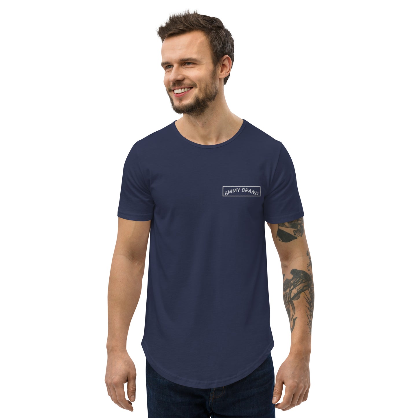 Men's T-Shirt Curved Hem Navy BMMY Logo Backside