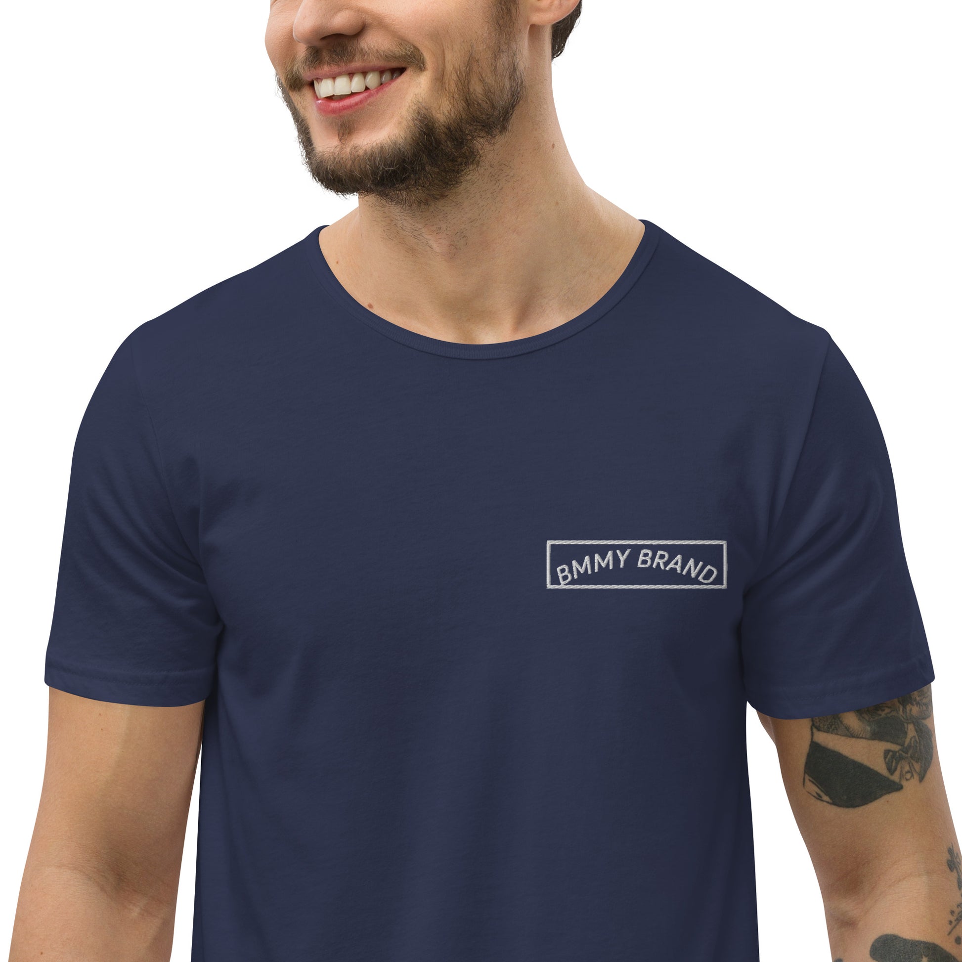 Men's T-Shirt Curved Hem Navy BMMY Logo Backside