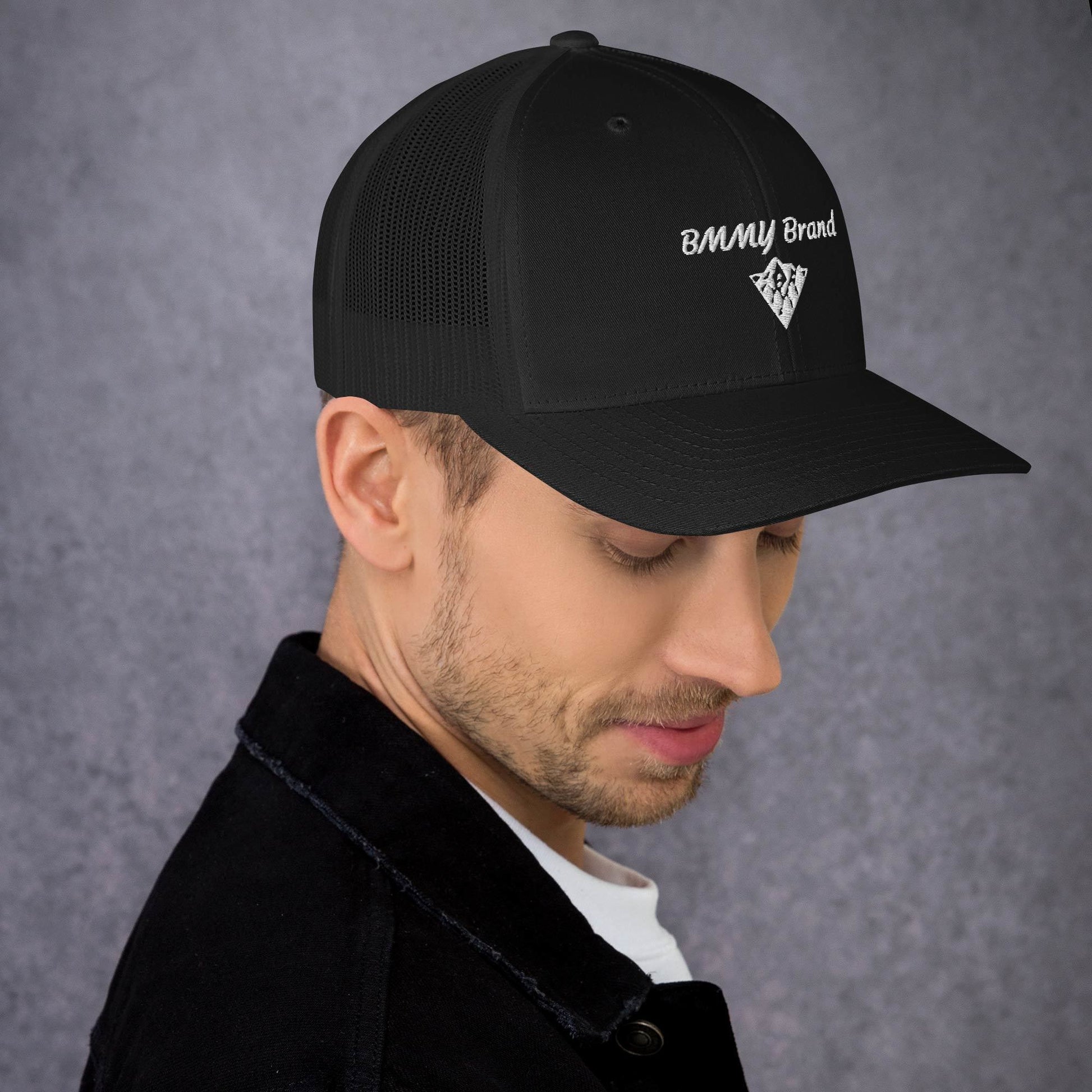 BMMY Brand cap six-panel trucker cap mesh back embroidered black front black mesh