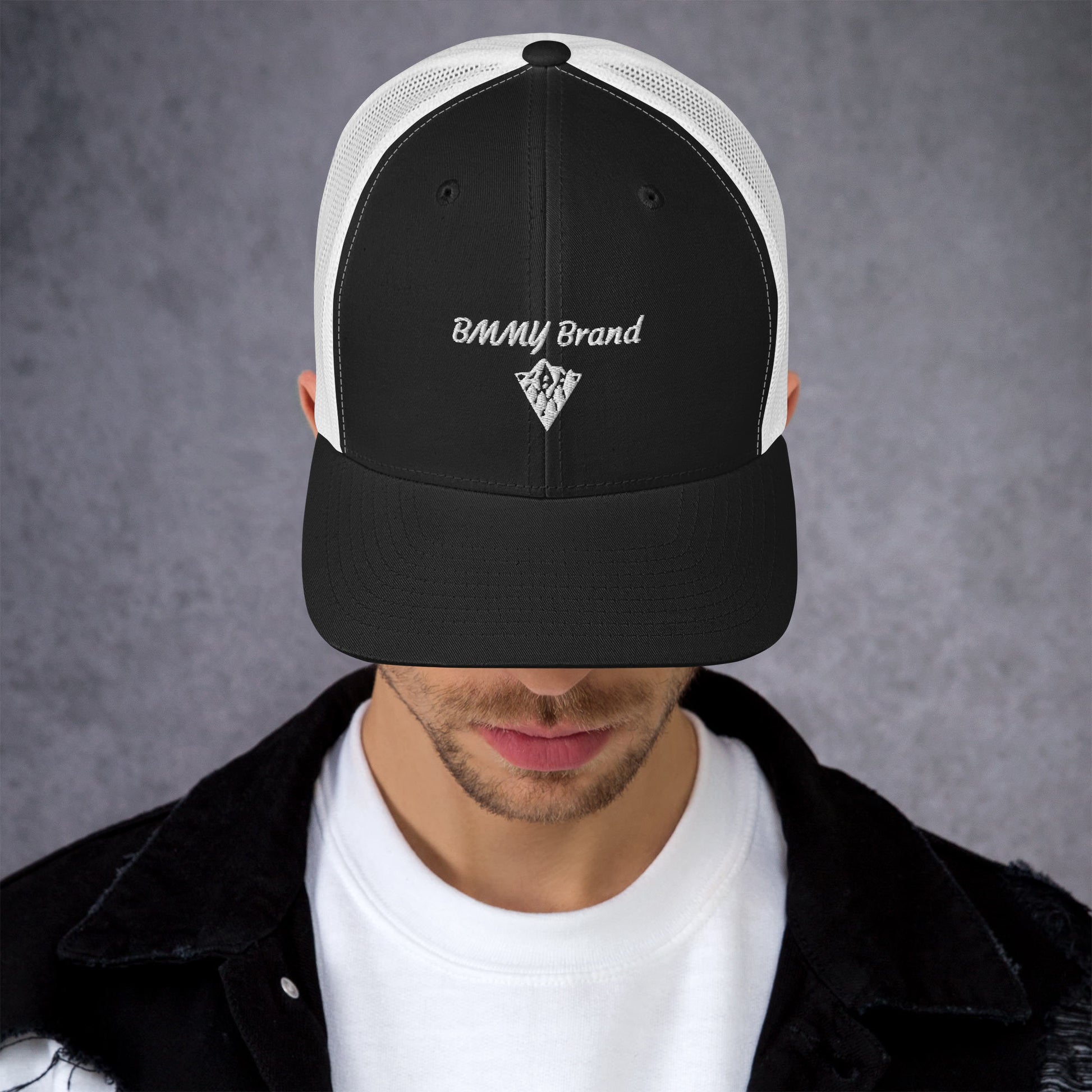 BMMY Brand cap six-panel trucker cap mesh back embroidered black front white mesh