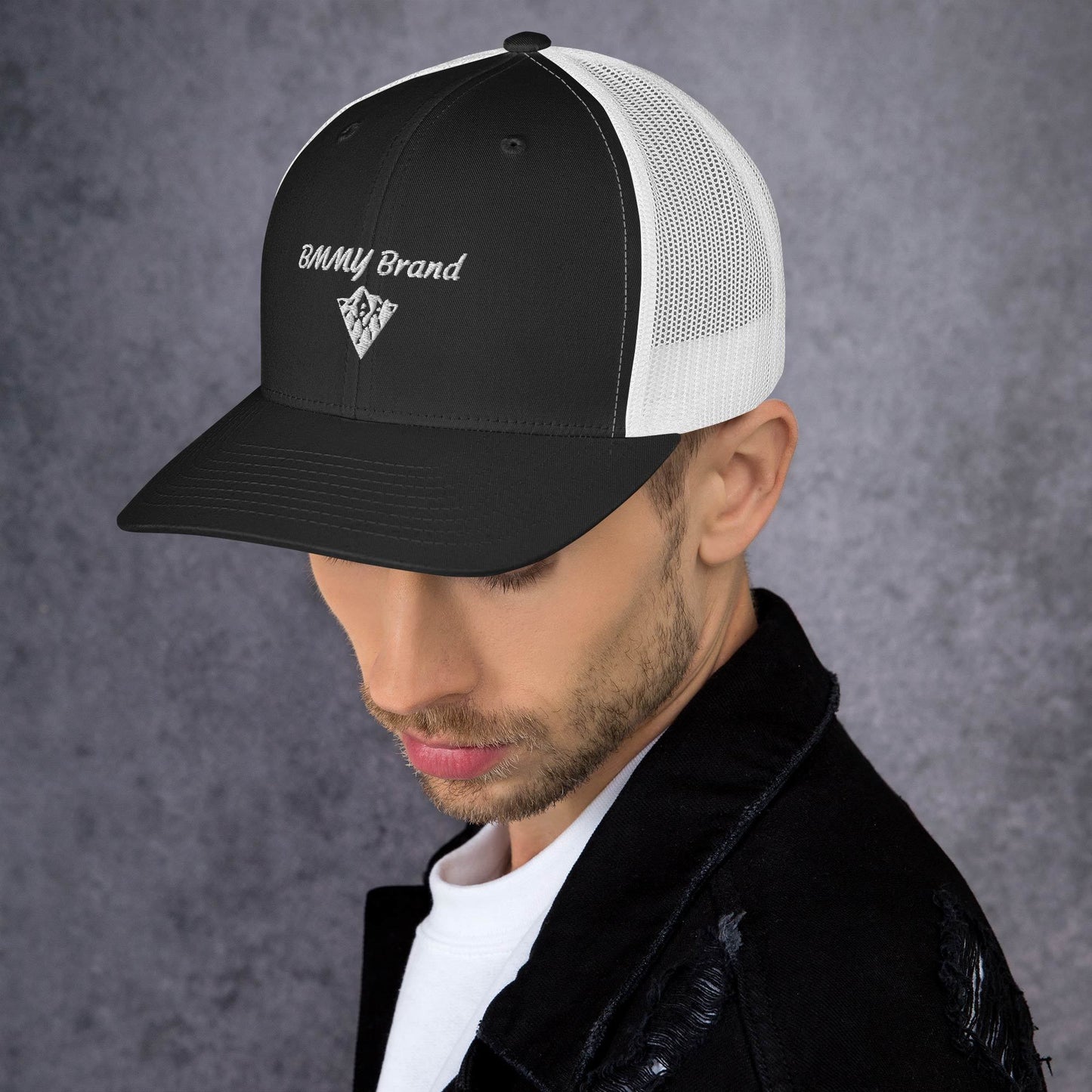 BMMY Brand cap six-panel trucker cap mesh back embroidered black front white mesh