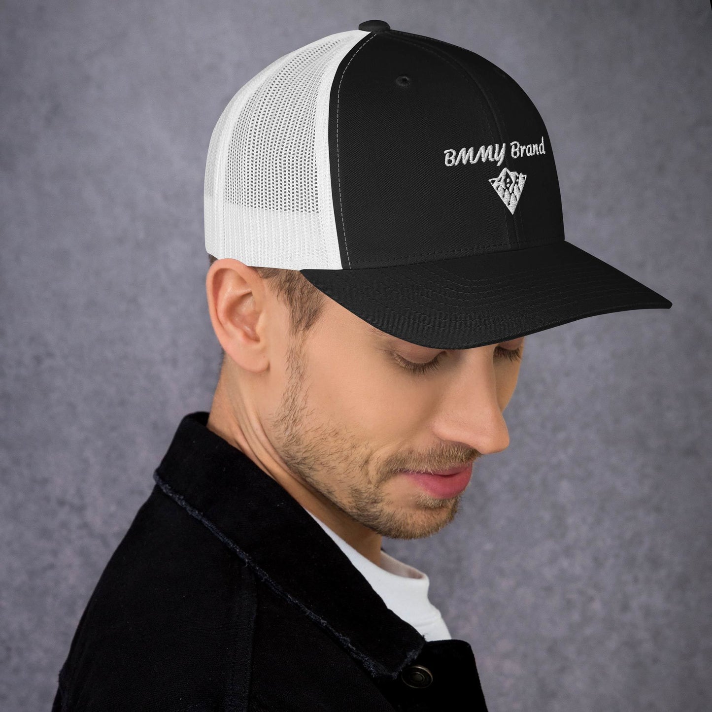 BMMY Brand cap six-panel trucker cap mesh back embroidered black front white mesh