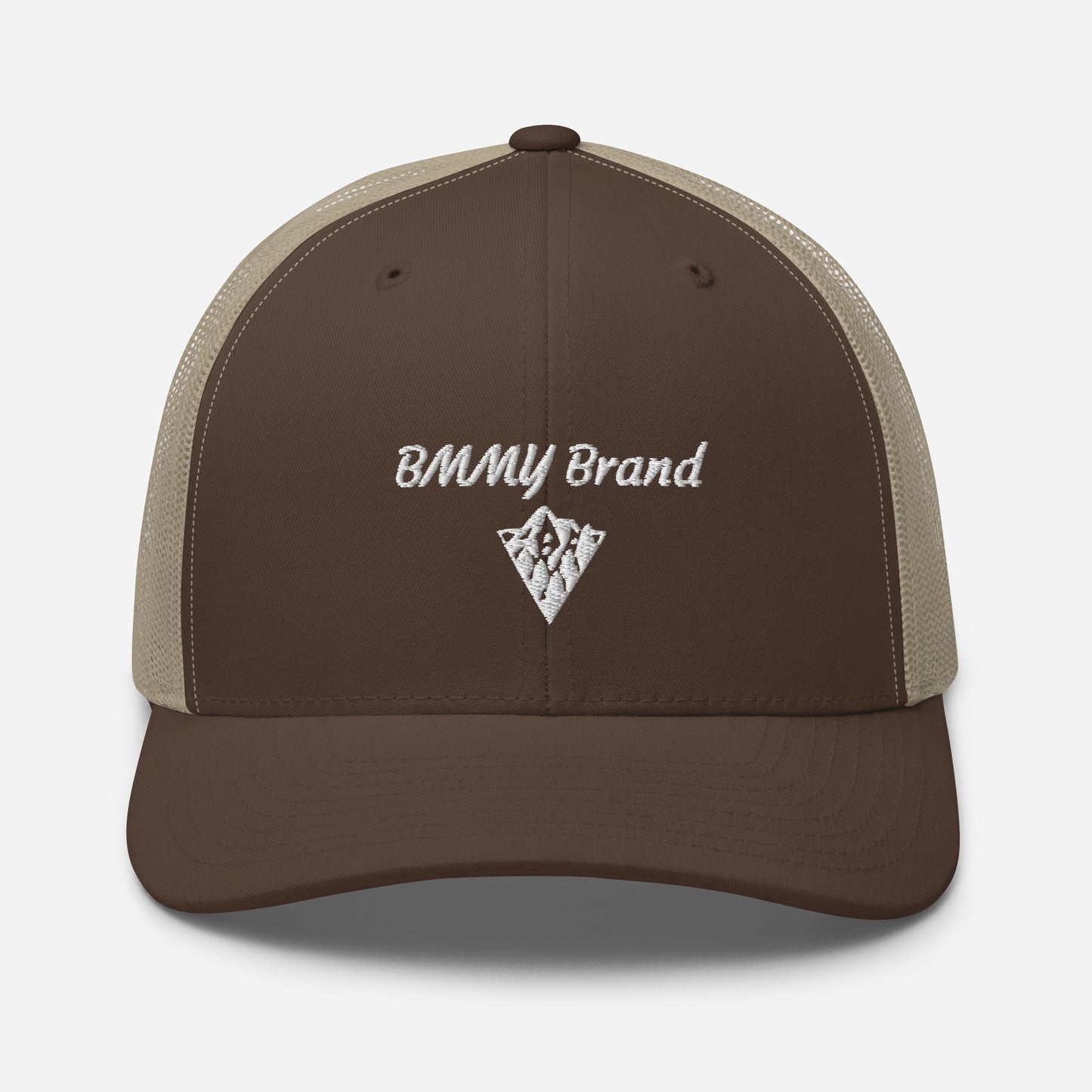 BMMY Brand cap six-panel trucker cap mesh back embroidered brown front khaki mesh