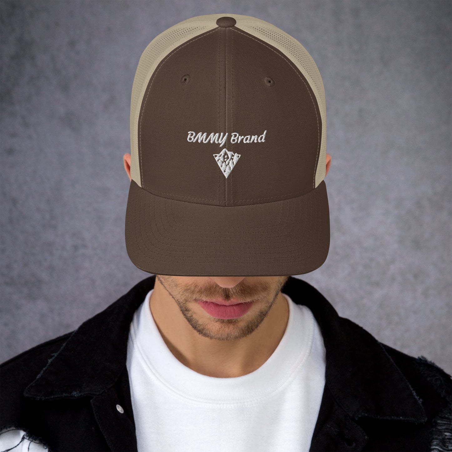 BMMY Brand cap six-panel trucker cap mesh back embroidered brown front khaki mesh