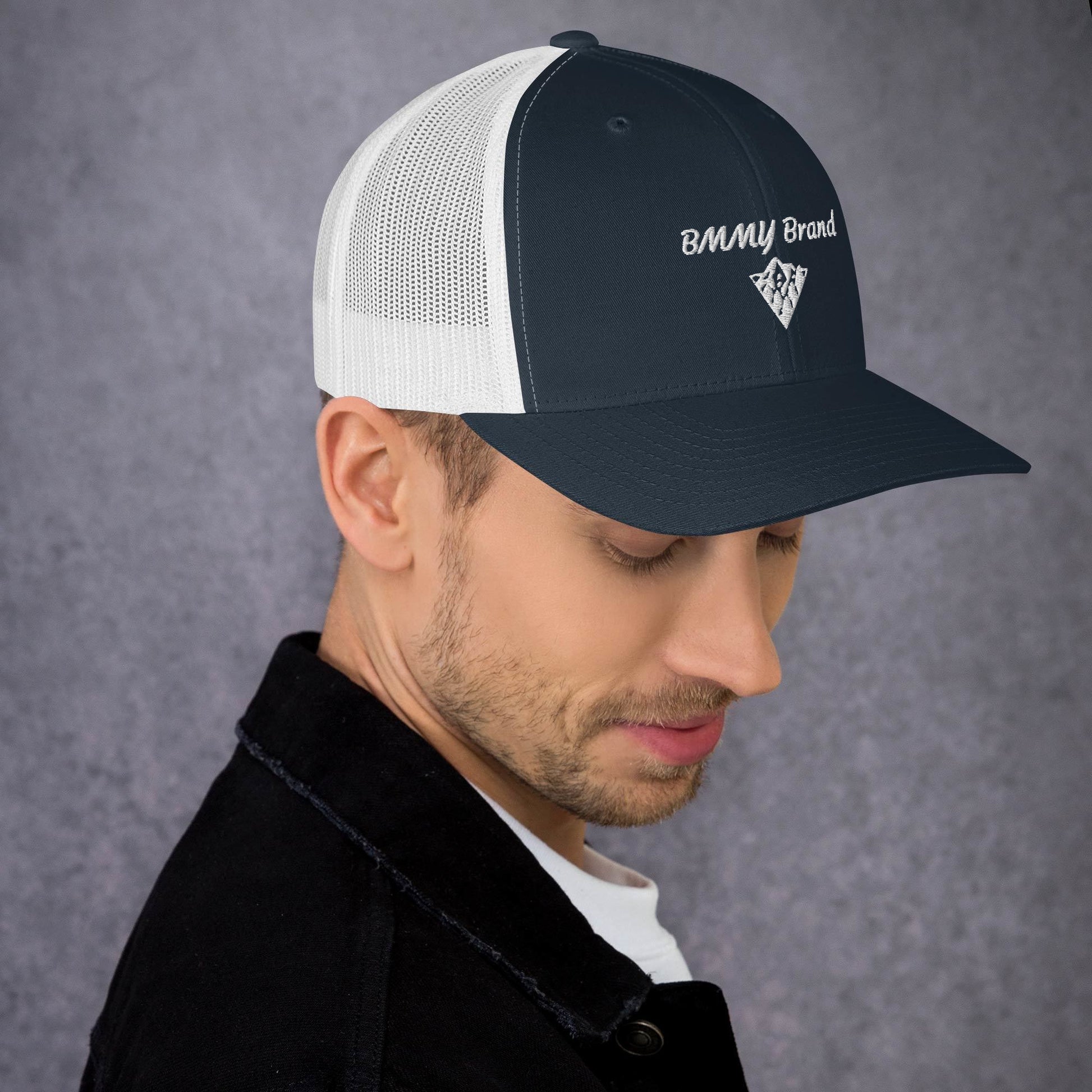 BMMY Brand cap six-panel trucker cap mesh back embroidered navy front white mesh