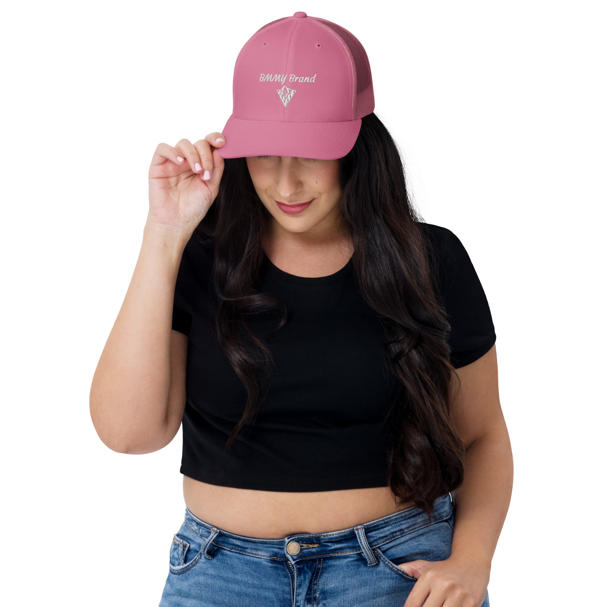 BMMY Brand cap six-panel trucker cap mesh back embroidered pink front pink mesh