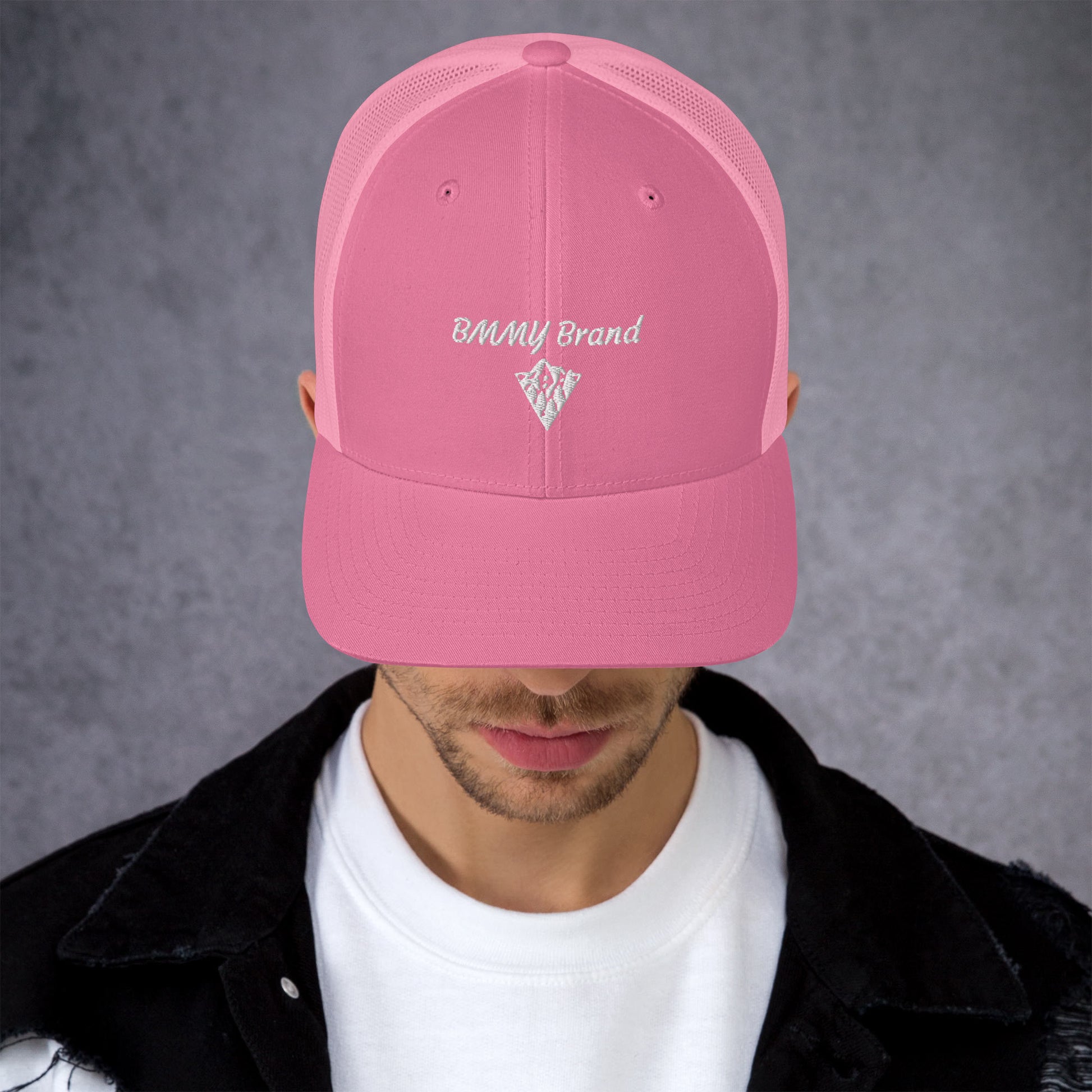 BMMY Brand cap six-panel trucker cap mesh back embroidered rustic pink front pink mesh