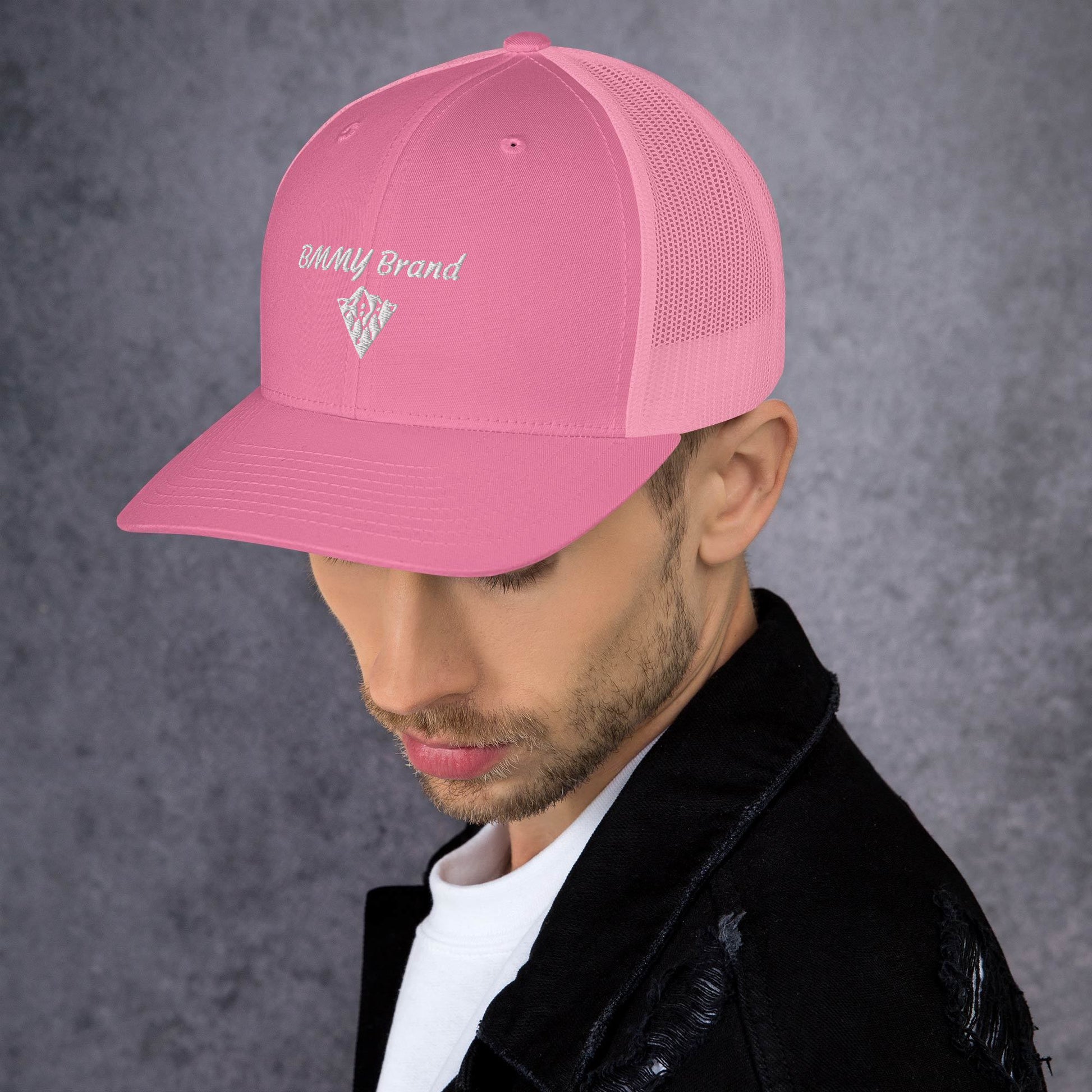 BMMY Brand cap six-panel trucker cap mesh back embroidered rustic pink front pink mesh