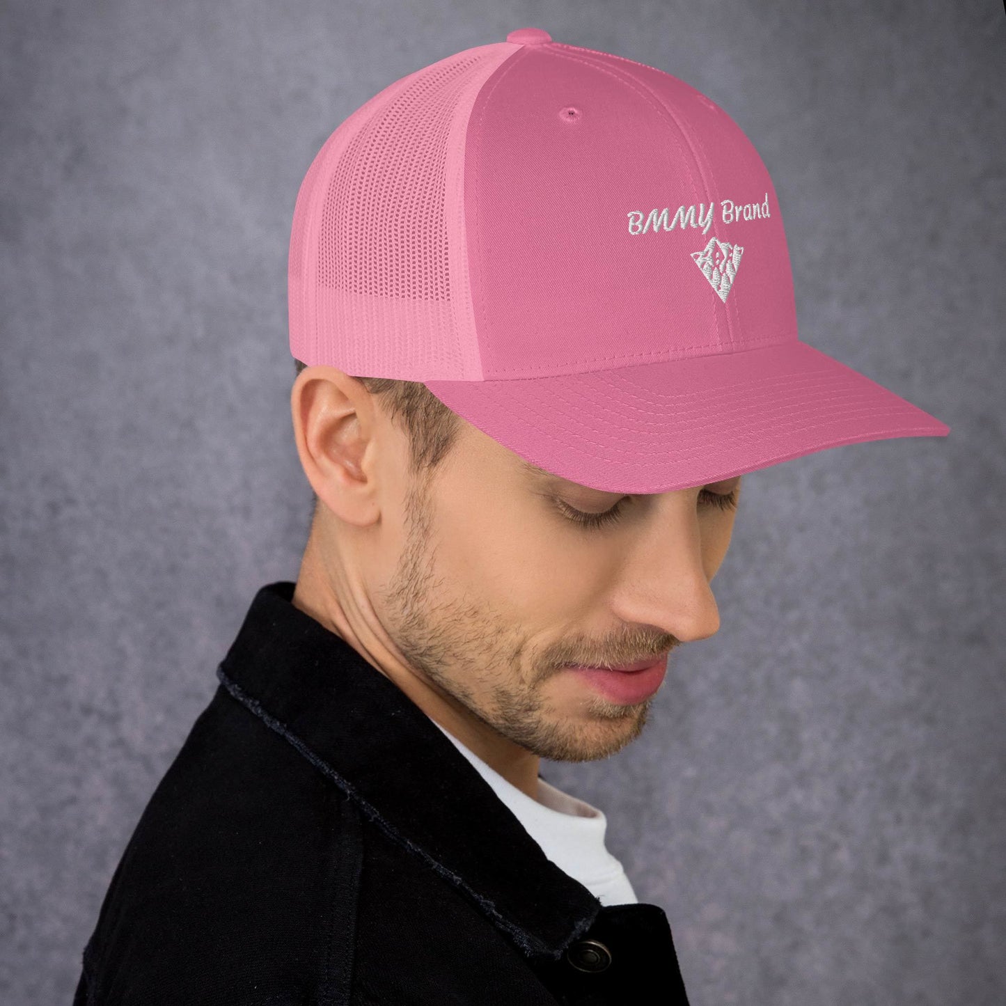 BMMY Brand cap six-panel trucker cap mesh back embroidered rustic pink front pink mesh