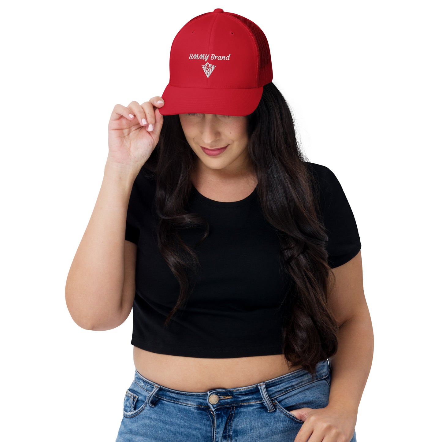 BMMY Brand cap six-panel trucker cap mesh back embroidered red front white mesh