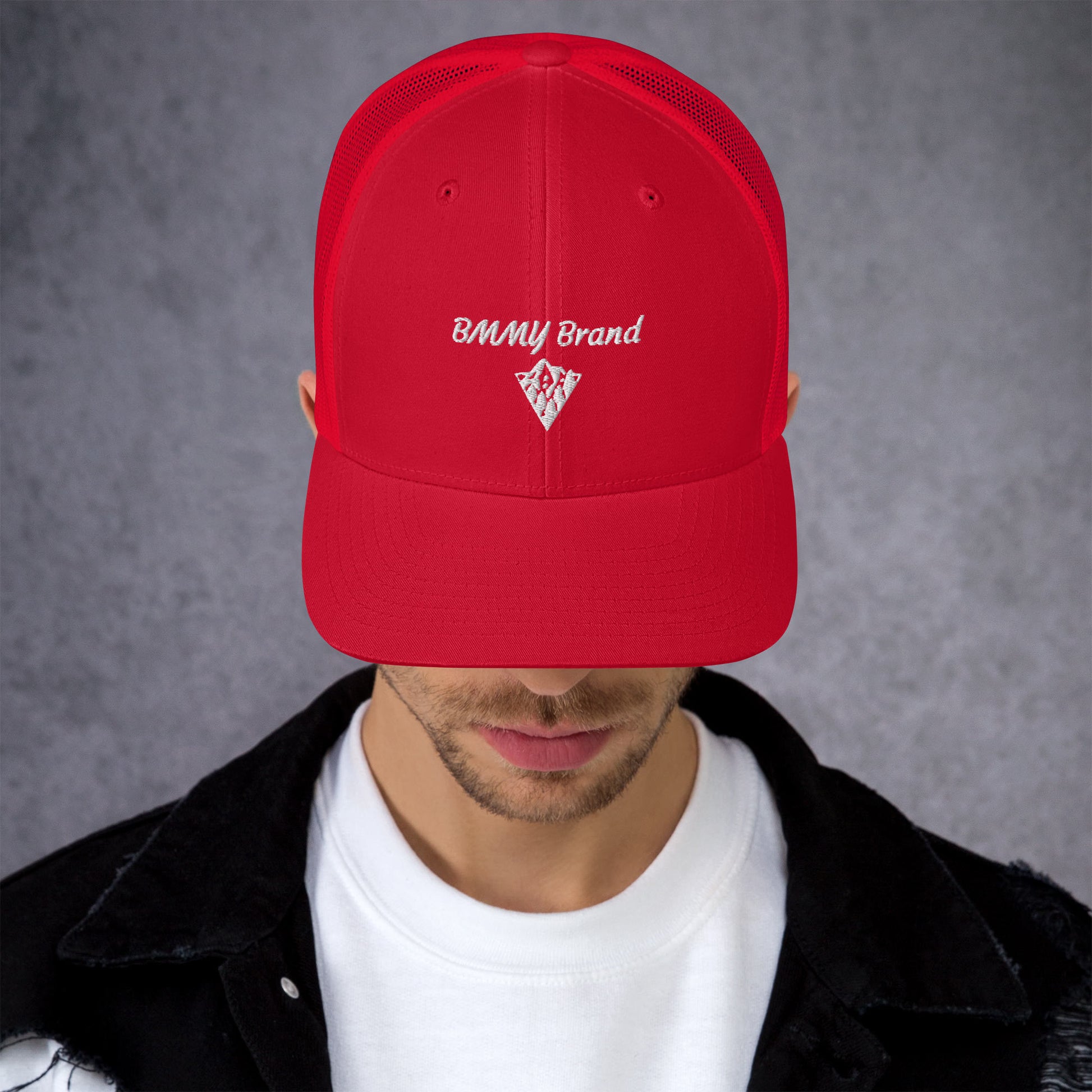 BMMY Brand cap six-panel trucker cap mesh back embroidered red front red mesh