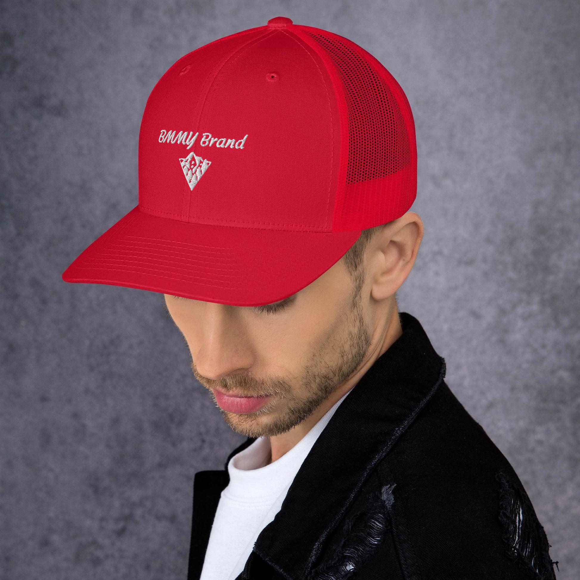 BMMY Brand cap six-panel trucker cap mesh back embroidered red front red mesh