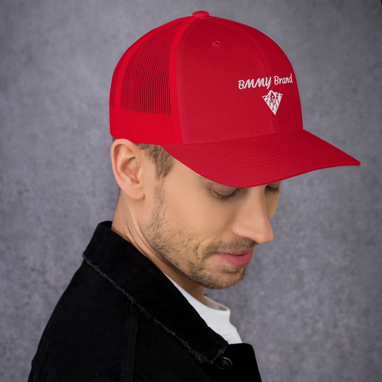 BMMY Brand cap six-panel trucker cap mesh back embroidered red front red mesh