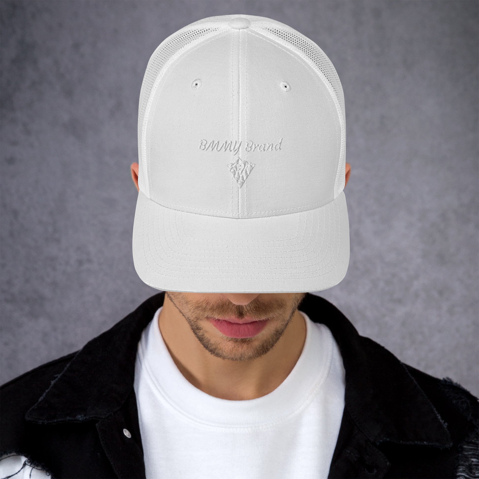 BMMY Brand cap six-panel trucker cap mesh back embroidered white front white mesh