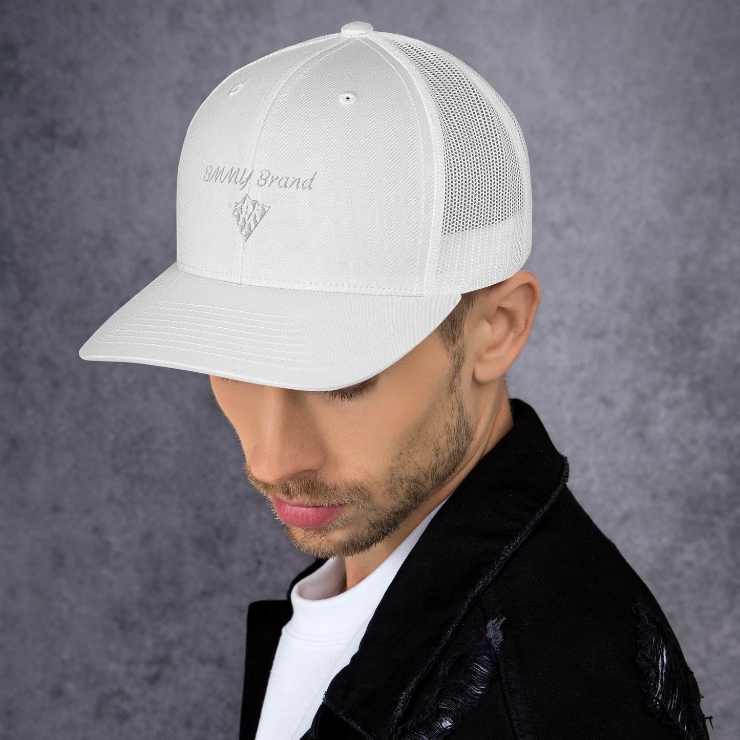 BMMY Brand cap six-panel trucker cap mesh back embroidered white front white mesh