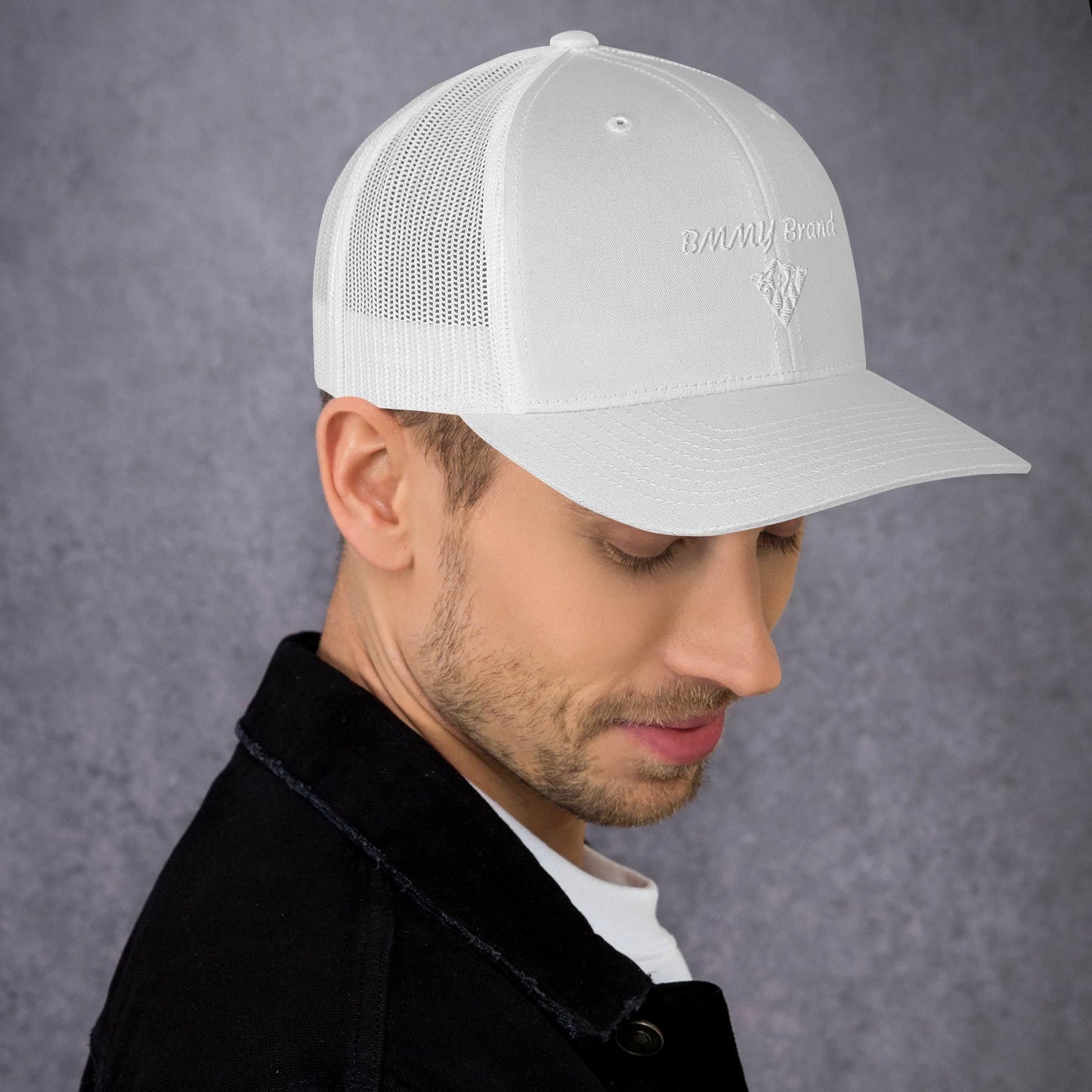 BMMY Brand cap six-panel trucker cap mesh back embroidered white front white mesh